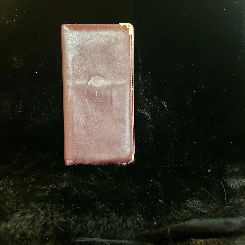 Cartier Embossed Leather Long Wallet with Gold Corner Accents - Burgundy